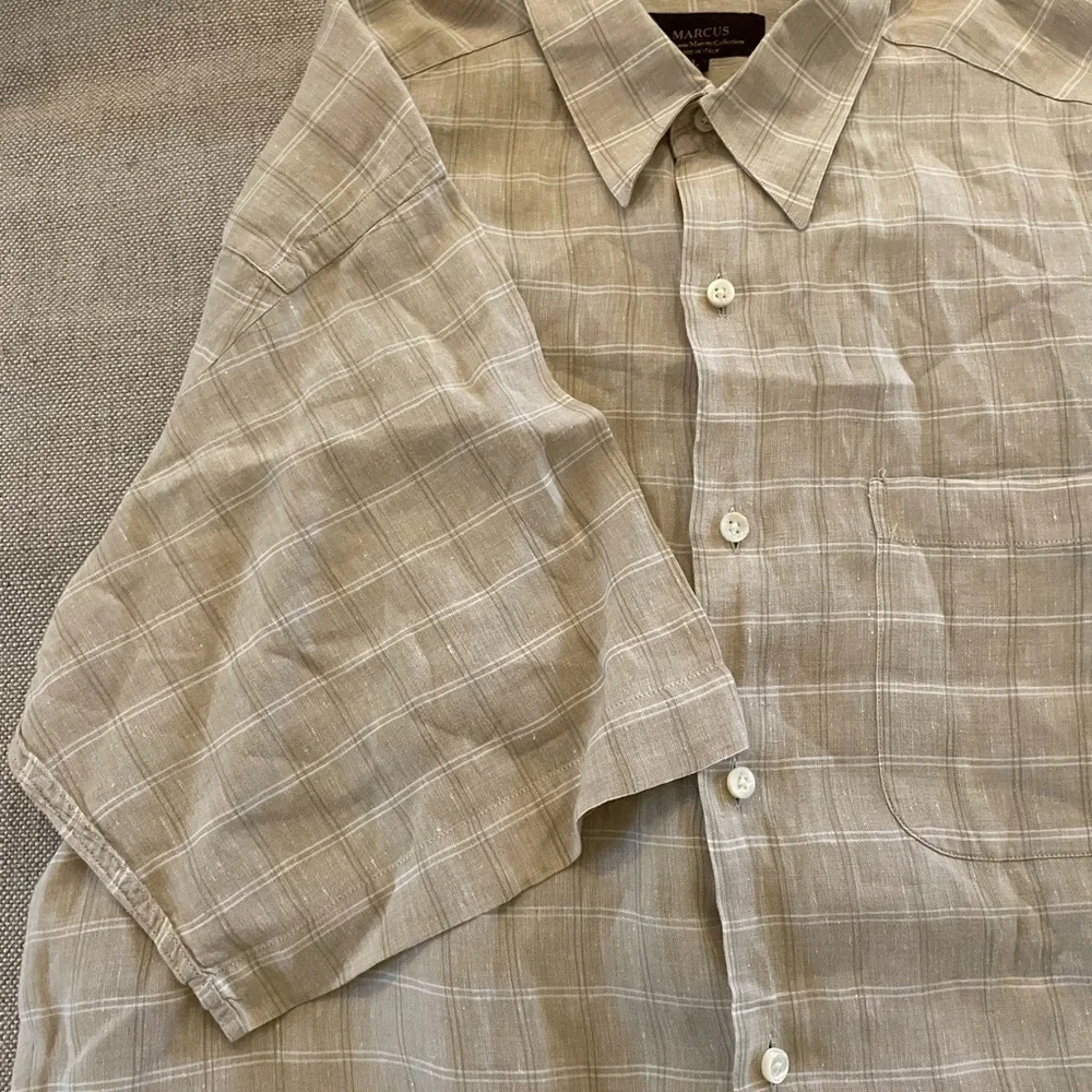 Neiman Marcus Collection Made in Italy Check Print Short Sleeve Linen Shirt L - Picture 3 of 5